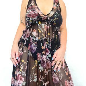 Superfoxx Sexy Ruffle Floral Roses Sheer Mesh V Neck Midi Slip Dress Medium